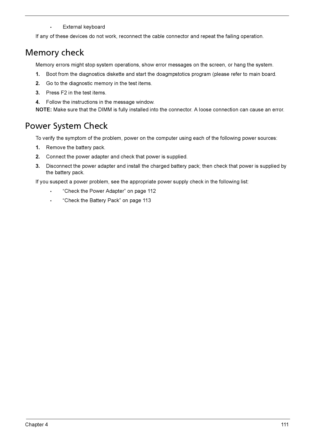 Acer 1200 manual Memory check, Power System Check 