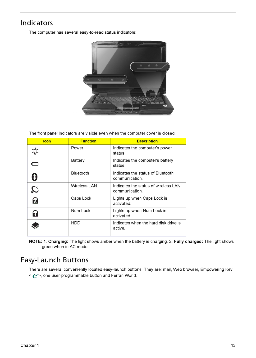 Acer 1200 manual Indicators, Easy-Launch Buttons 