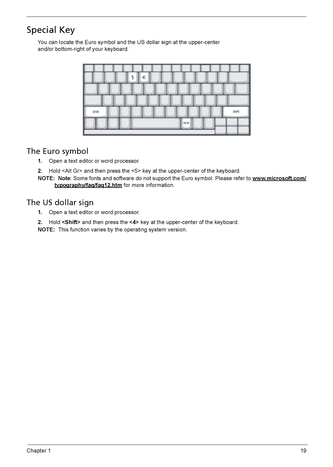 Acer 1200 manual Special Key, Euro symbol 