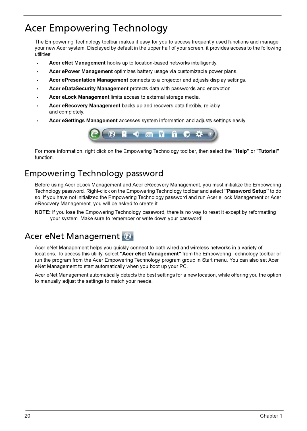 Acer 1200 manual Acer Empowering Technology, Empowering Technology password, Acer eNet Management 