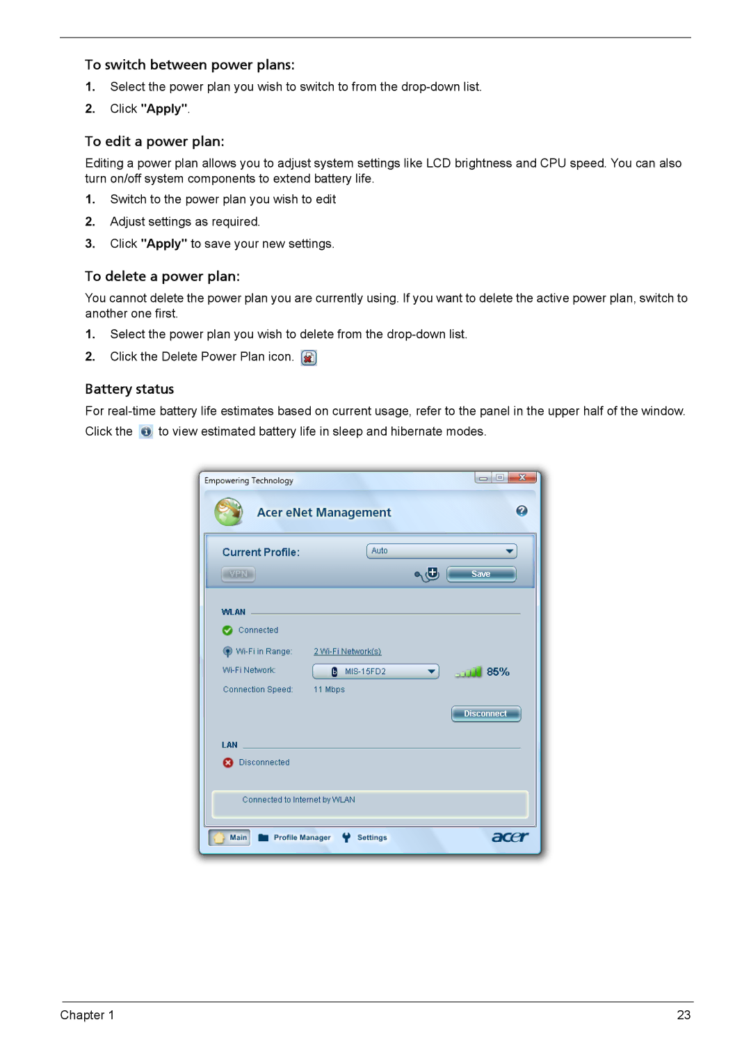 Acer 1200 manual To switch between power plans 