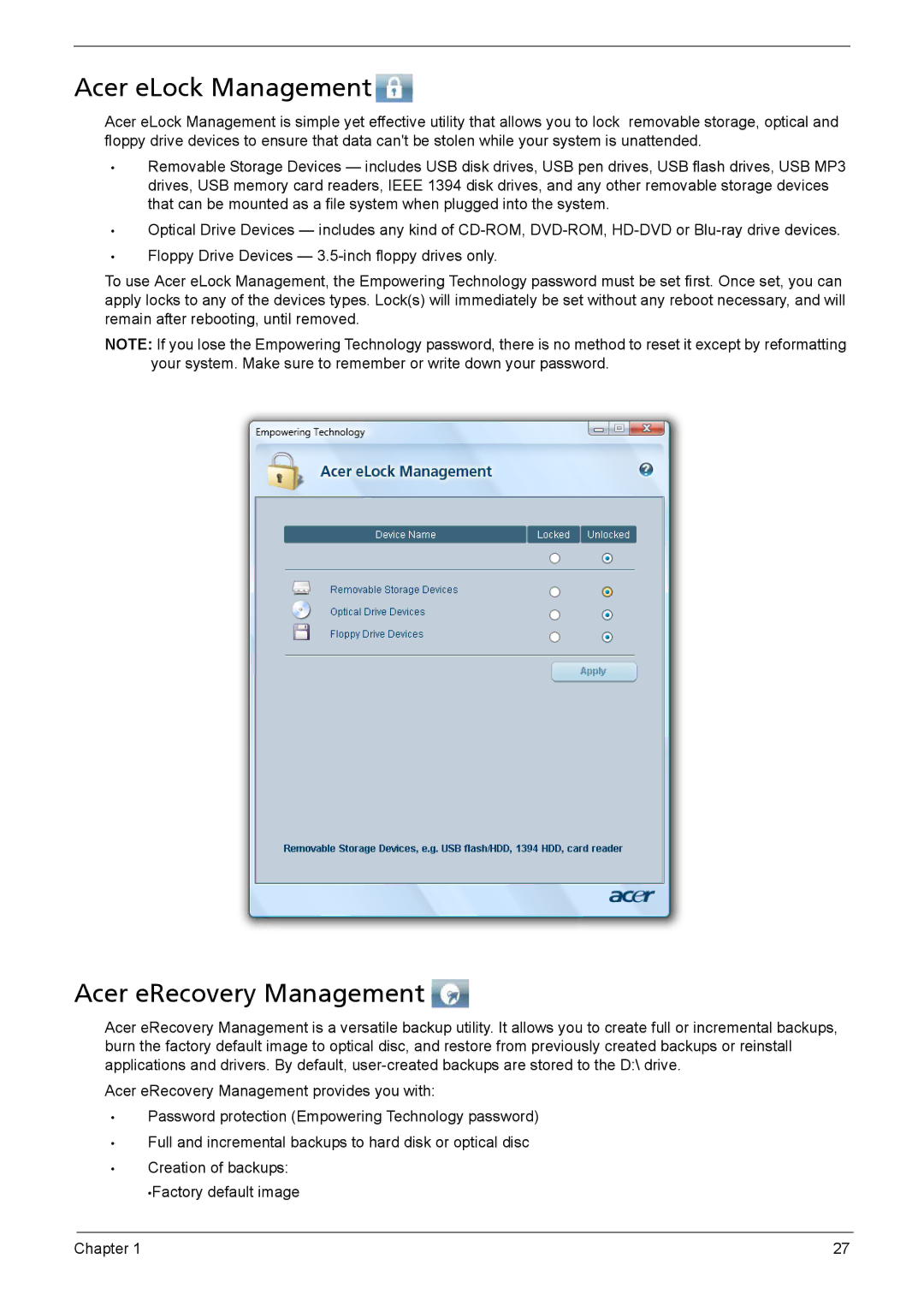 Acer 1200 manual Acer eLock Management, Acer eRecovery Management 