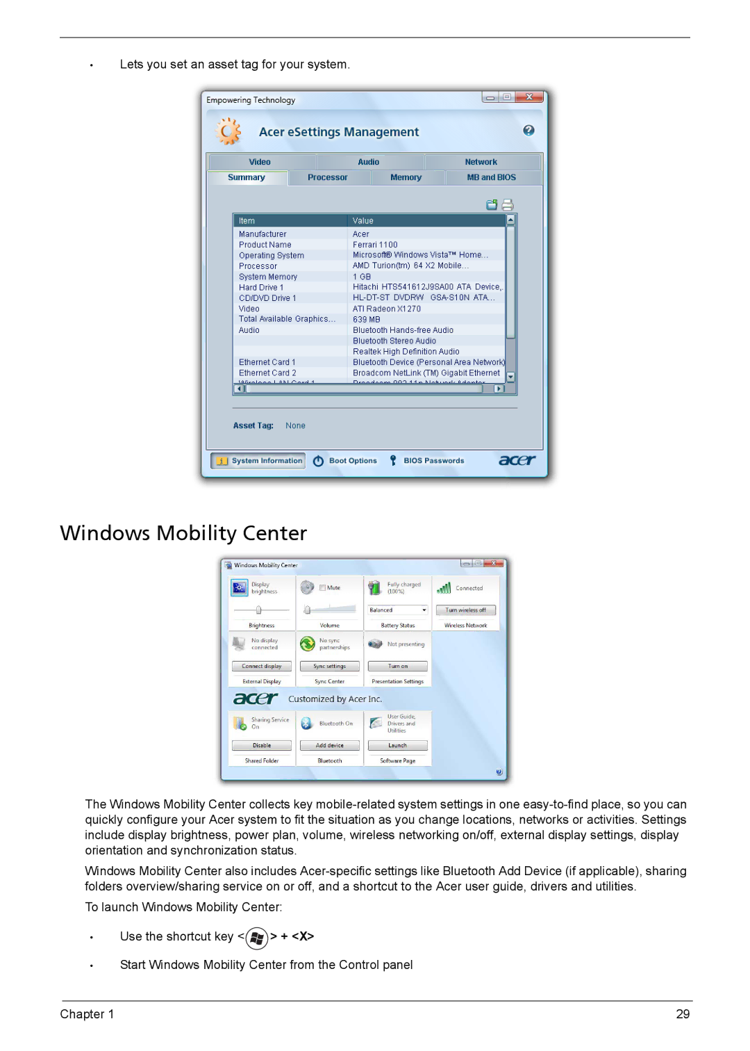 Acer 1200 manual Windows Mobility Center 