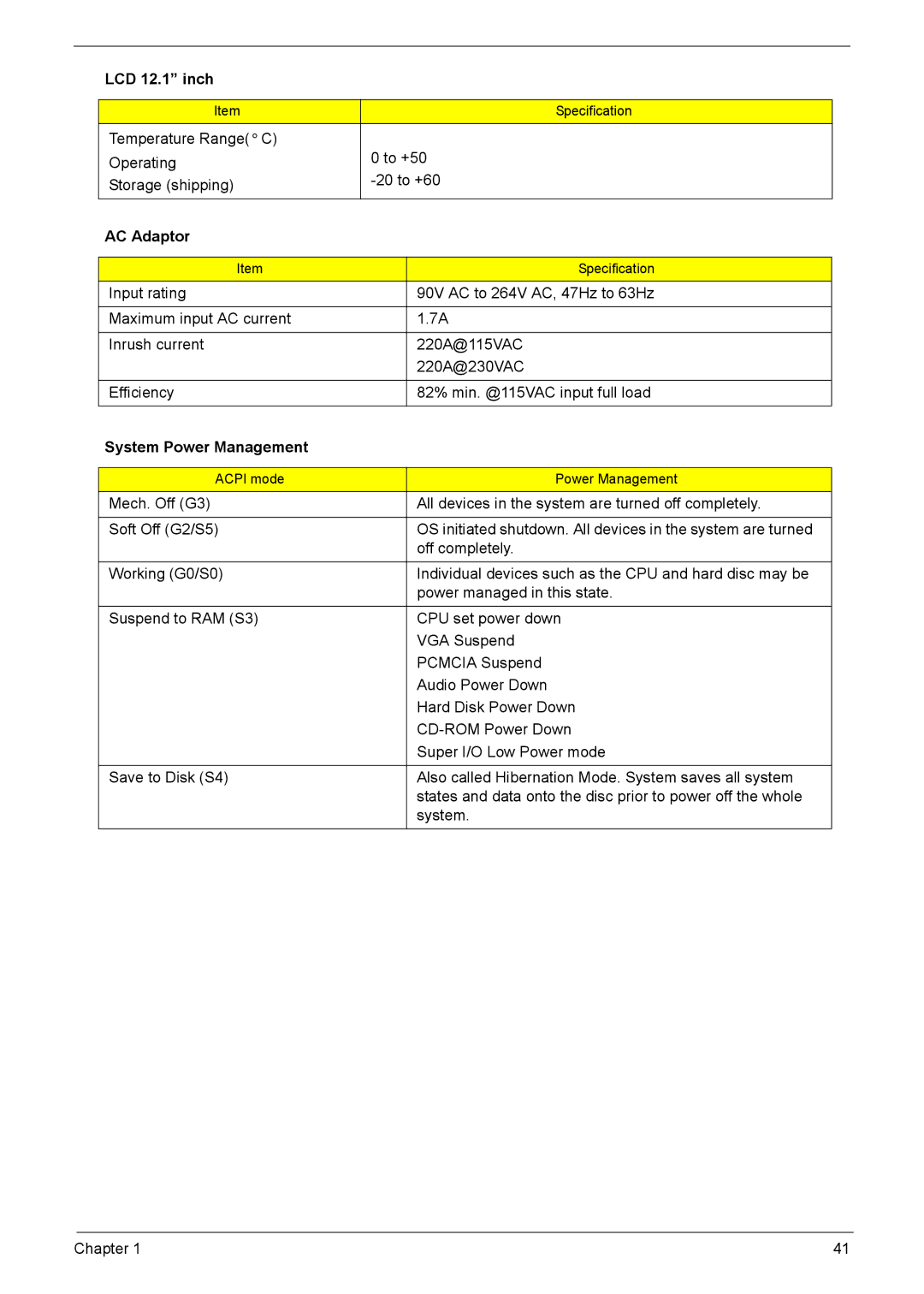 Acer 1200 manual AC Adaptor, System Power Management 