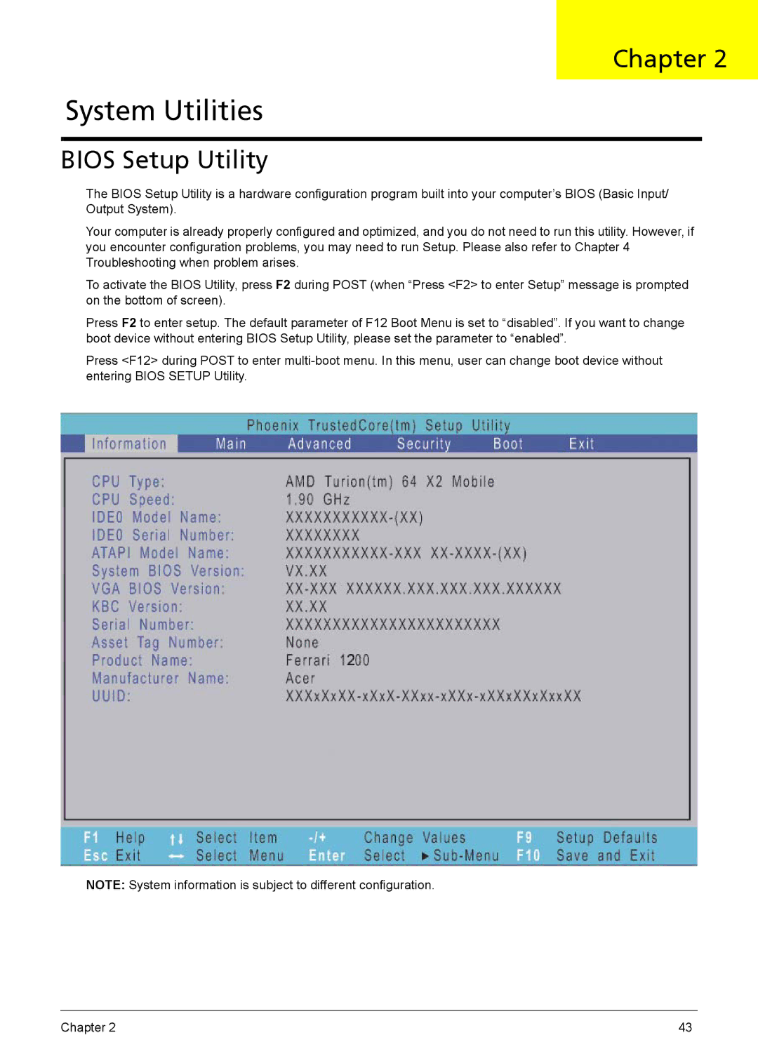 Acer 1200 manual System Utilities, Bios Setup Utility 