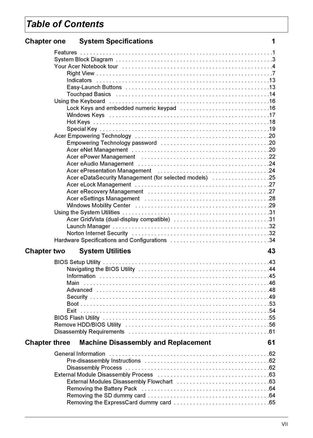 Acer 1200 manual Table of Contents 