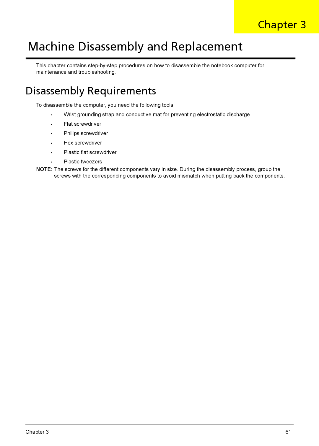 Acer 1200 manual Machine Disassembly and Replacement, Disassembly Requirements 