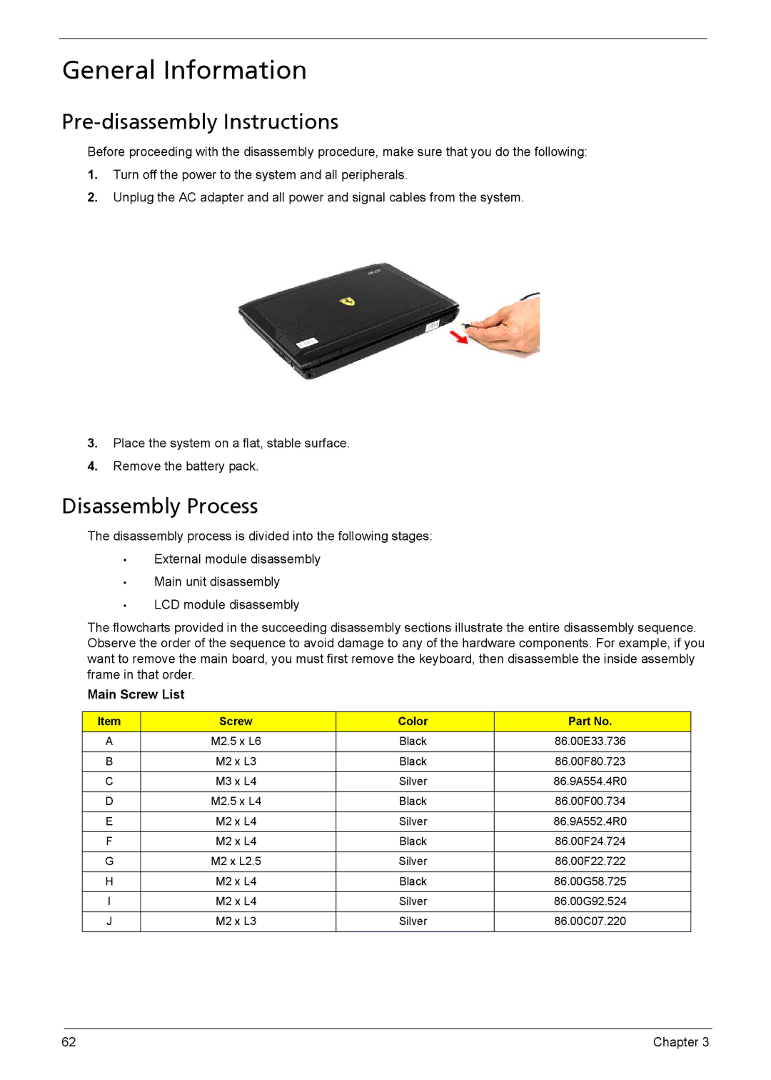 Acer 1200 manual General Information, Pre-disassembly Instructions, Disassembly Process, Main Screw List 