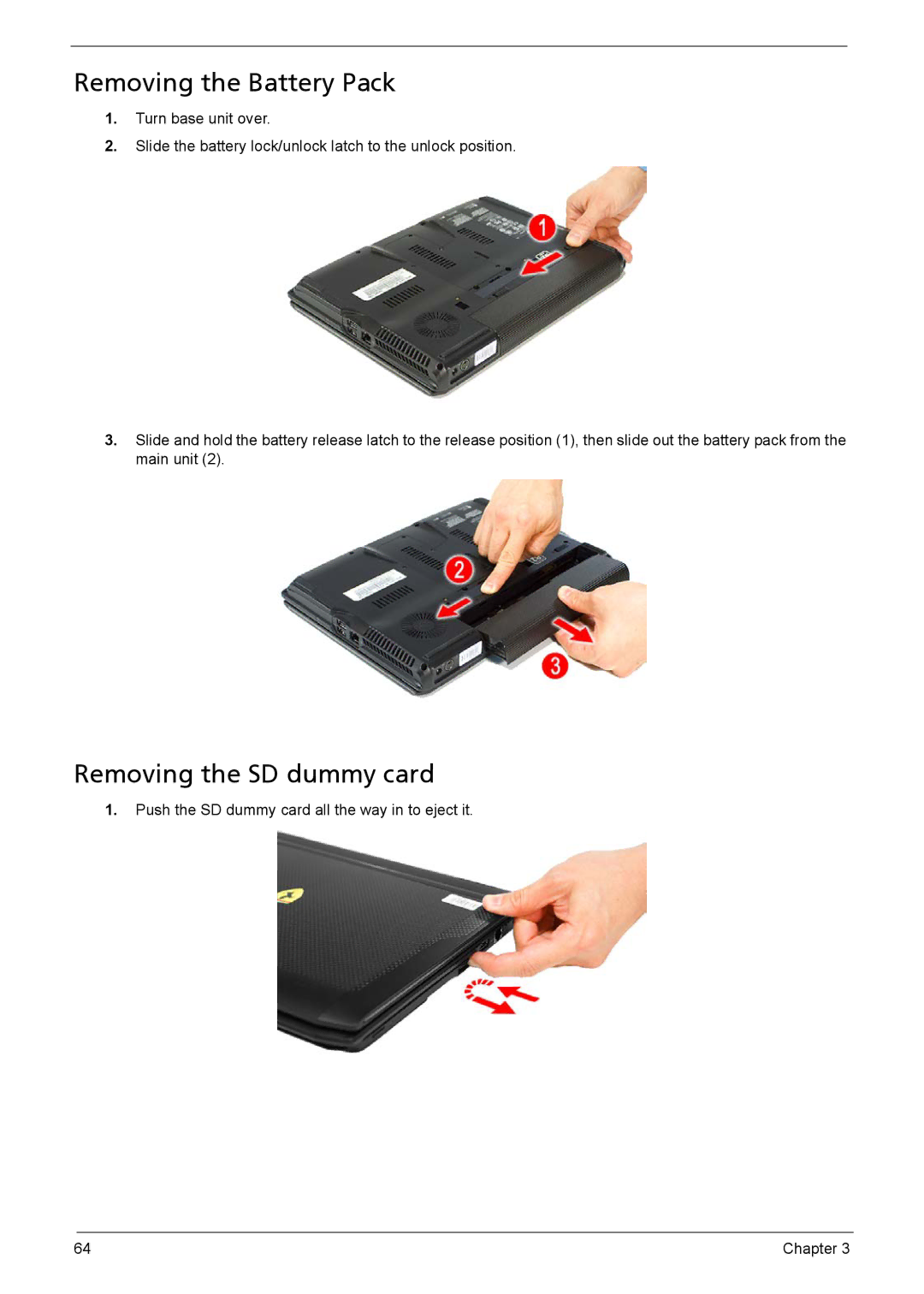 Acer 1200 manual Removing the Battery Pack, Removing the SD dummy card 