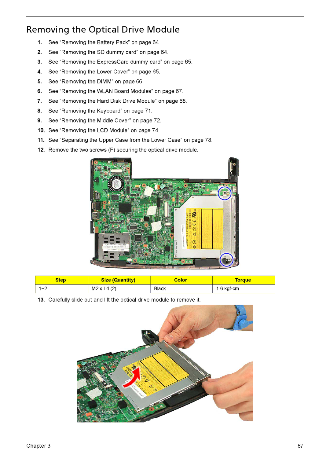 Acer 1200 manual Removing the Optical Drive Module 