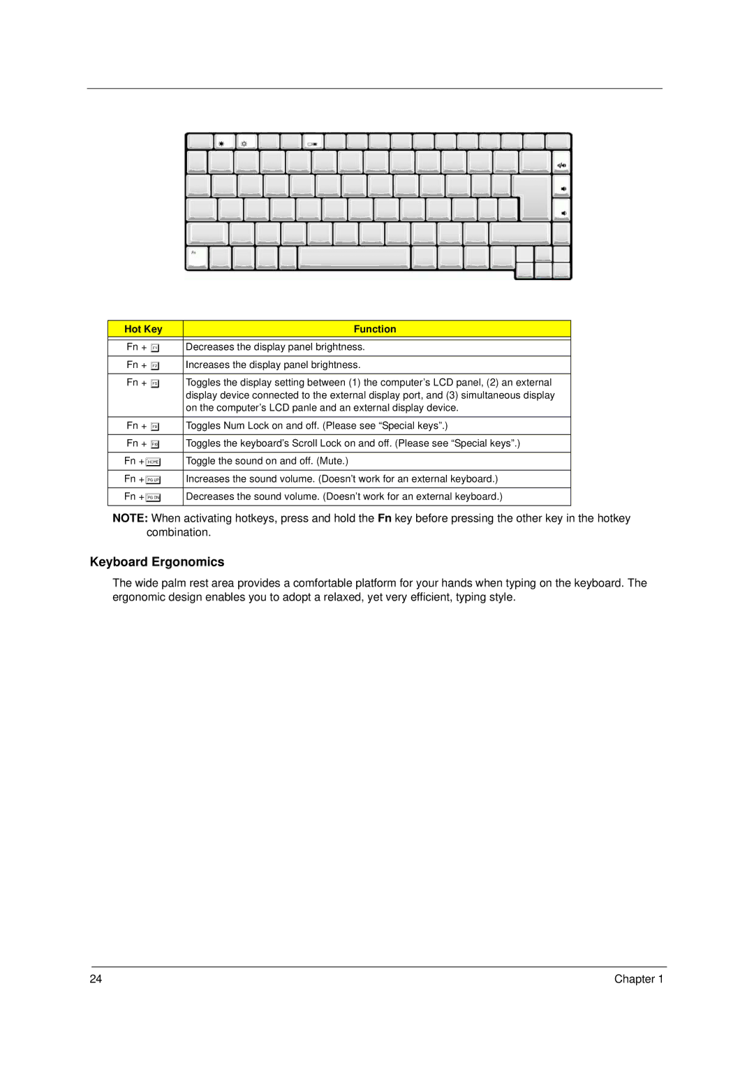 Acer 1300 Series manual Keyboard Ergonomics, Hot Key Function 