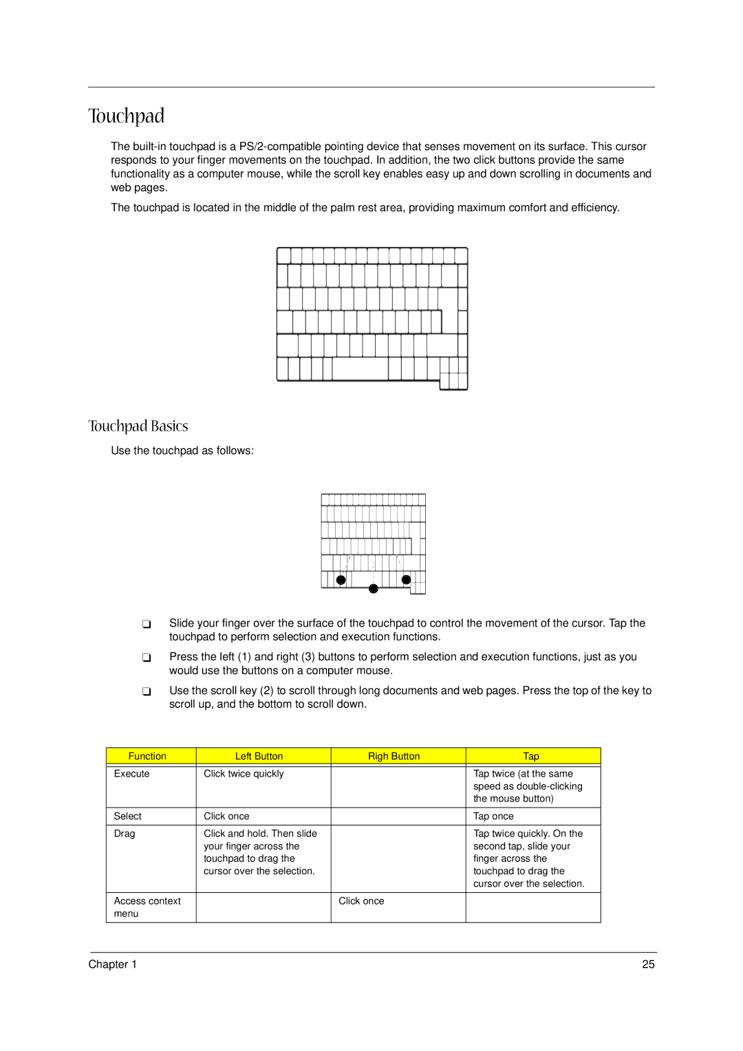 Acer 1300 Series manual Touchpad Basics, Function Left Button Righ Button Tap 