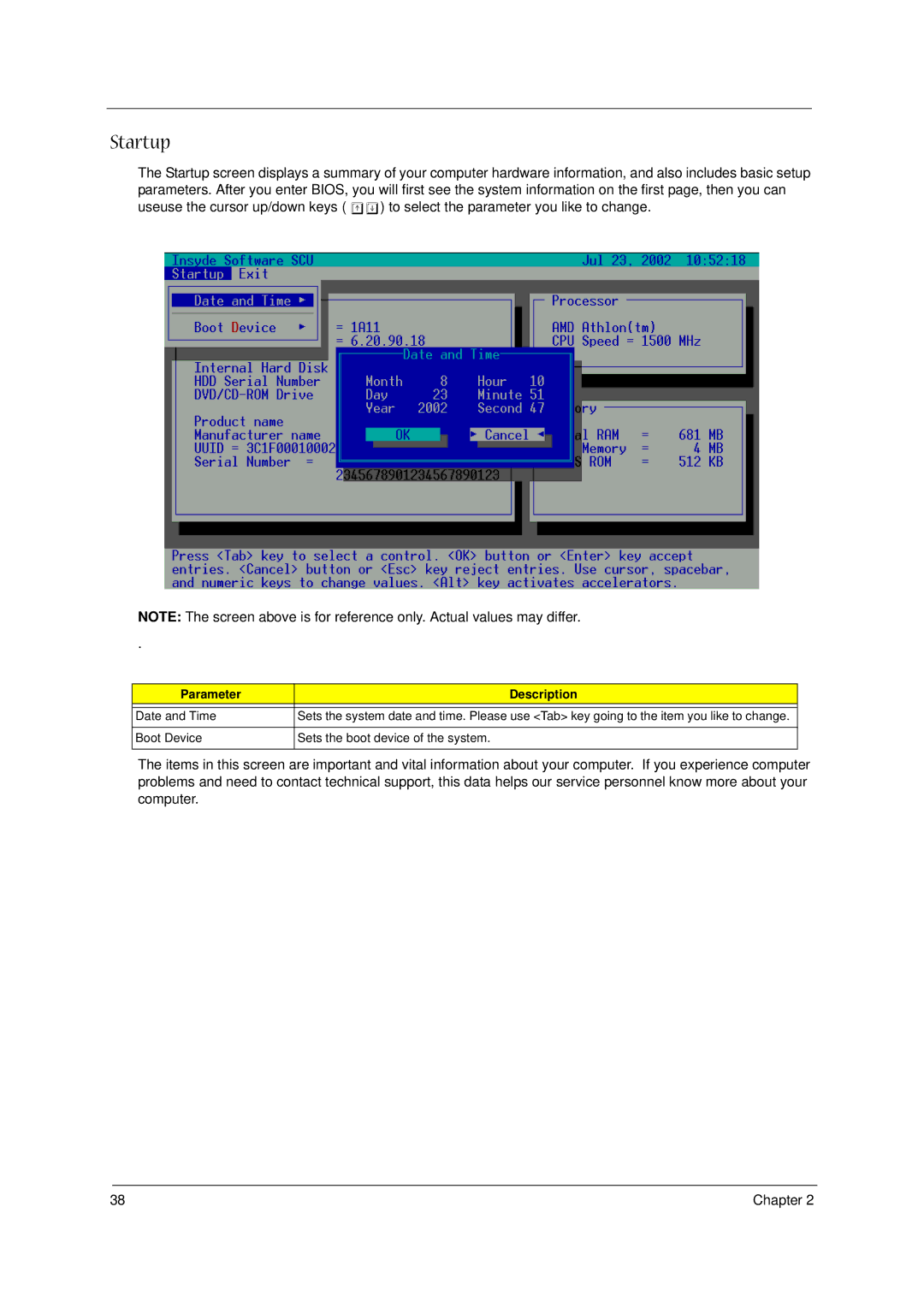 Acer 1300 Series manual Startup, Parameter Description 