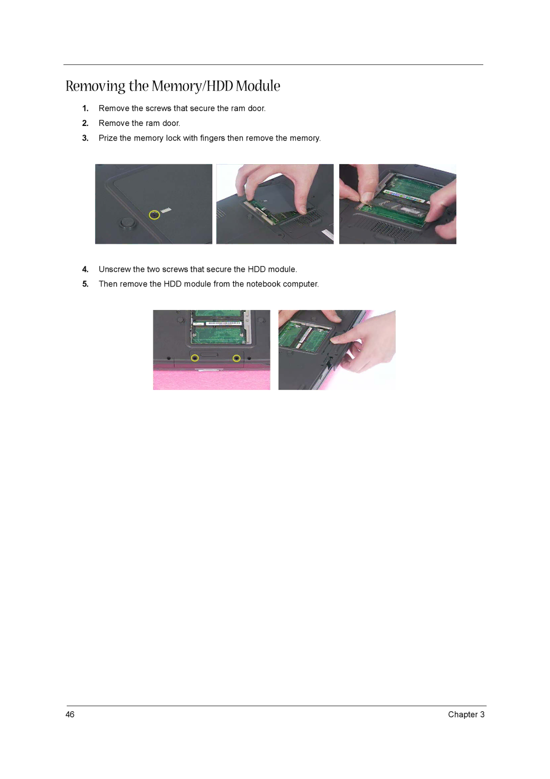 Acer 1300 Series manual Removing the Memory/HDD Module 