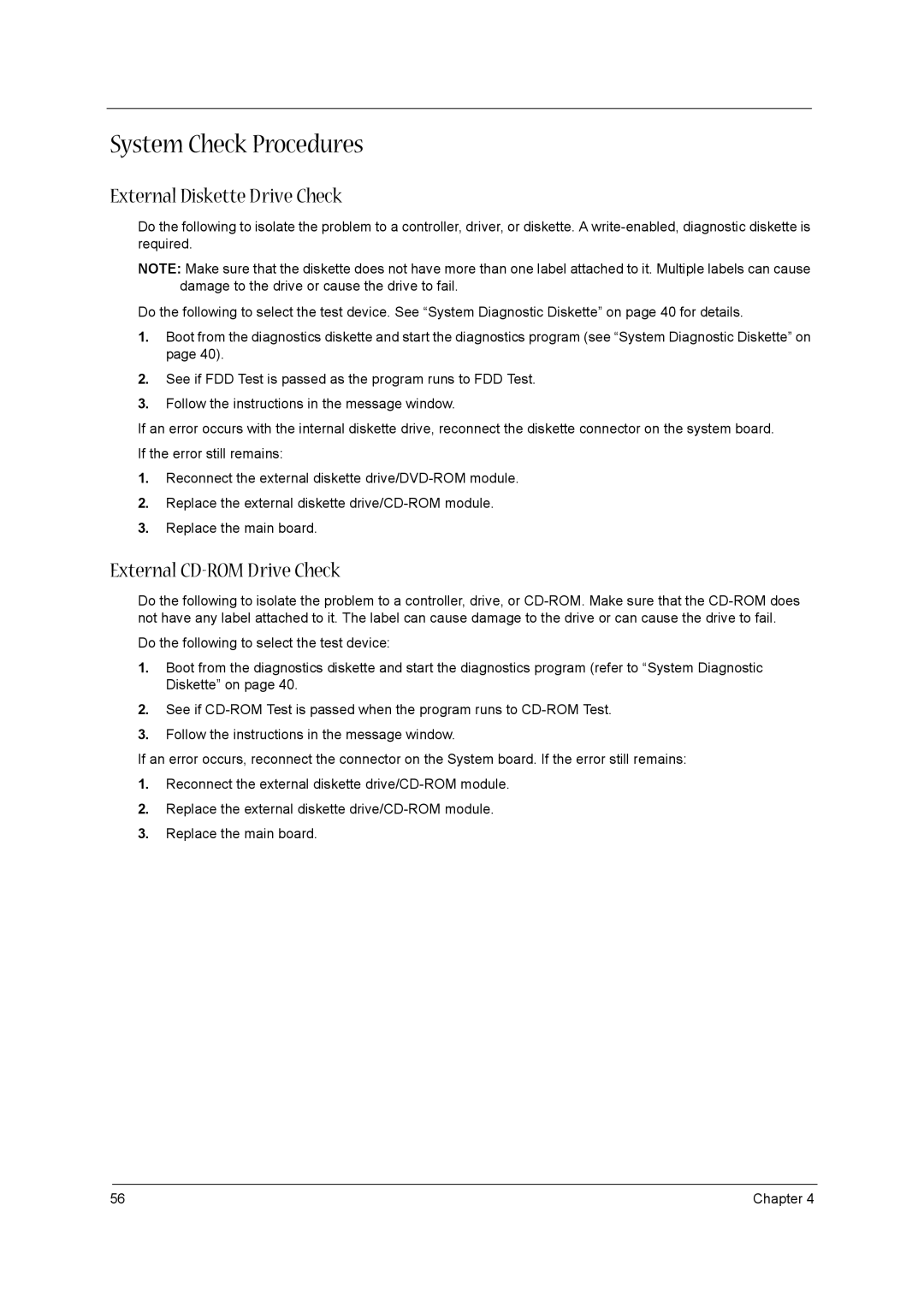 Acer 1300 Series manual System Check Procedures, External Diskette Drive Check, External CD-ROM Drive Check 