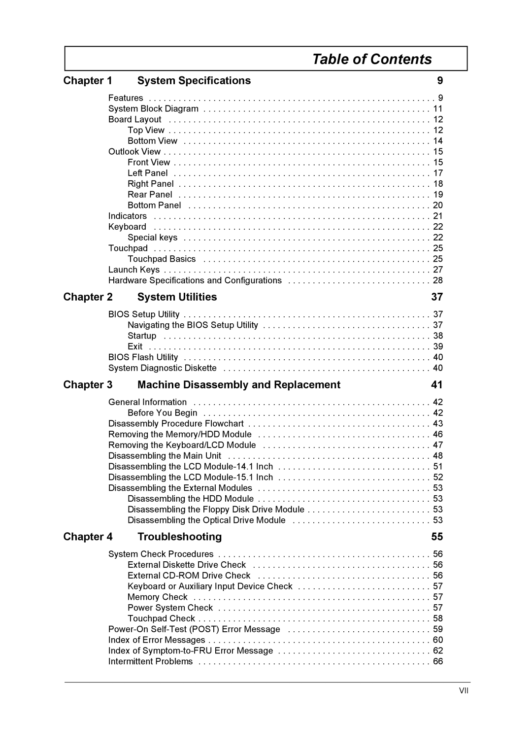 Acer 1300 Series manual Table of Contents 