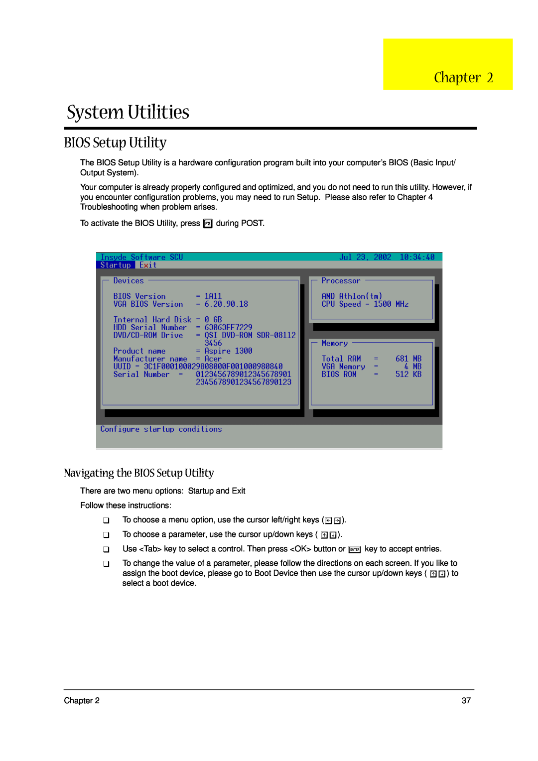 Acer 1300 Series manual System Utilities, Navigating the BIOS Setup Utility, Chapter 