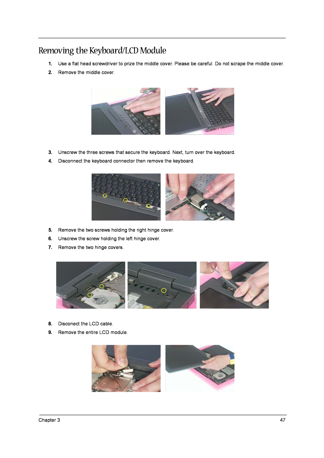 Acer 1300 Series manual Removing the Keyboard/LCD Module 