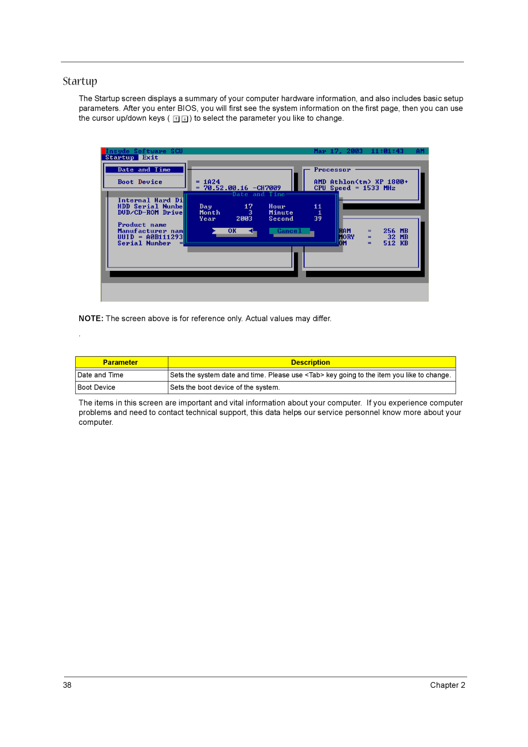 Acer 1310 manual Startup, Parameter Description 