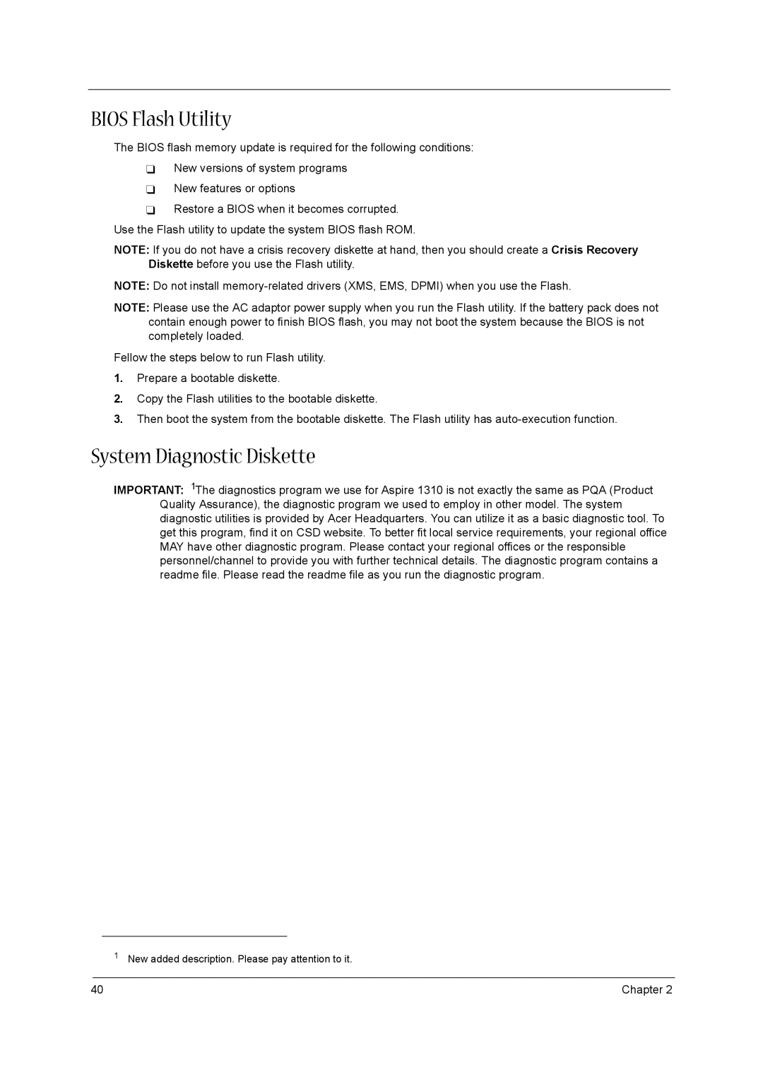 Acer 1310 manual Bios Flash Utility, System Diagnostic Diskette 