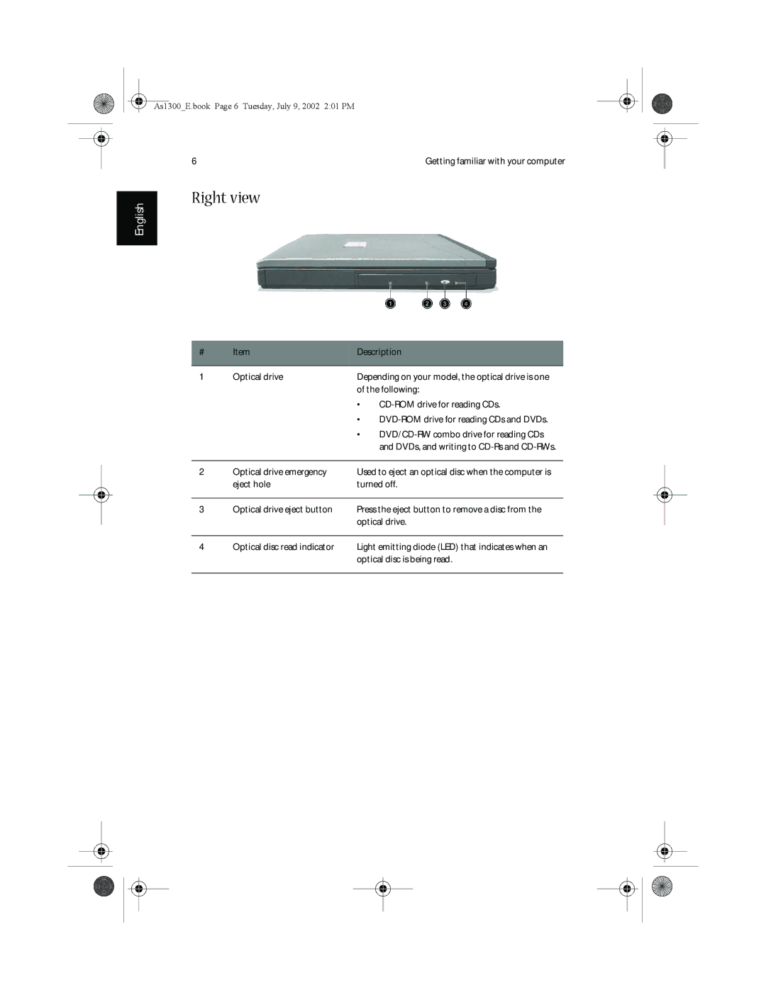 Acer 1350 series, 1300 Series manual Right view, CD-ROM drive for reading CDs 