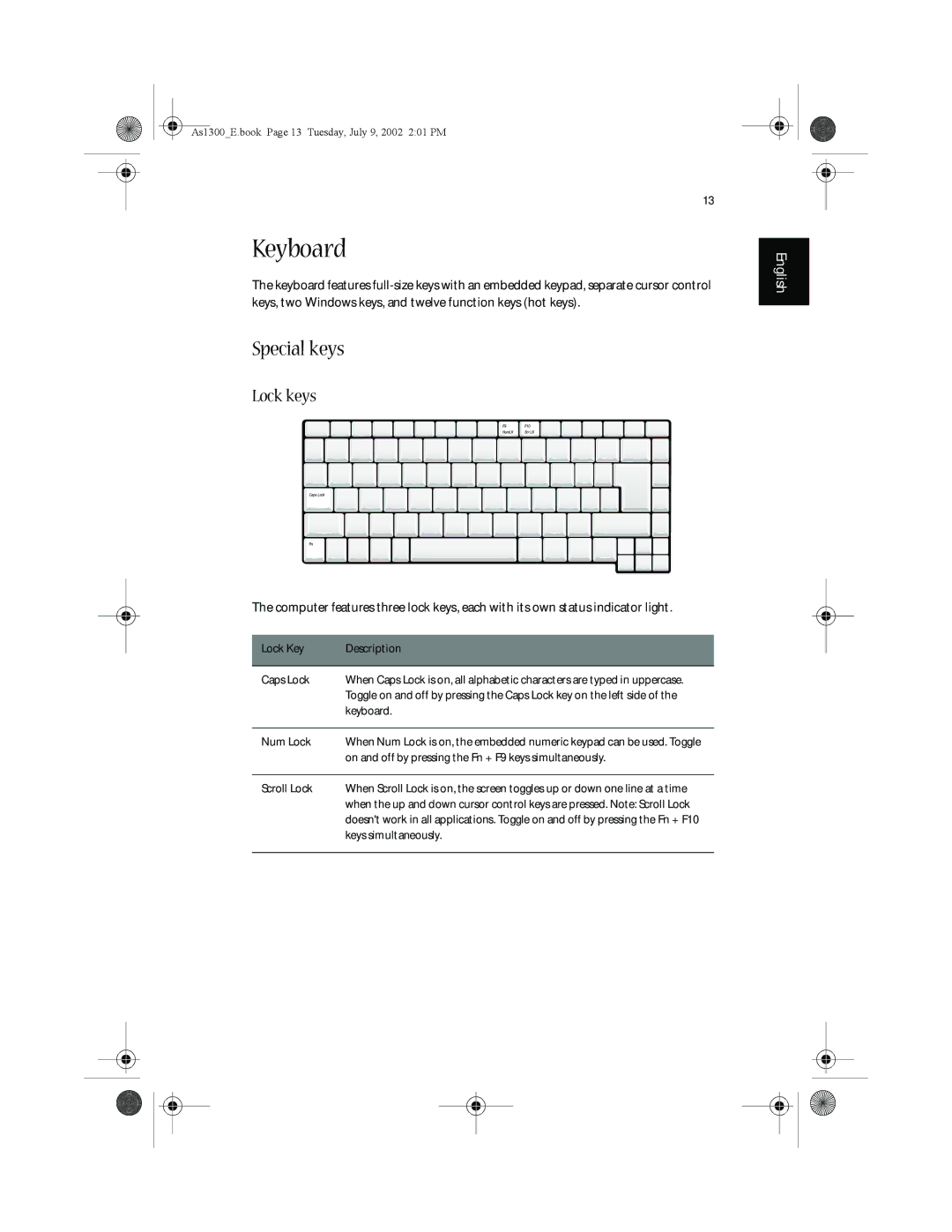 Acer 1300 Series, 1350 series manual Keyboard, Special keys, Lock keys 