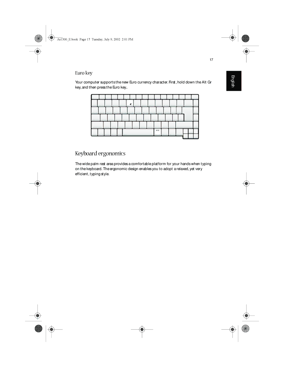 Acer 1300 Series, 1350 series manual Keyboard ergonomics, Euro key 