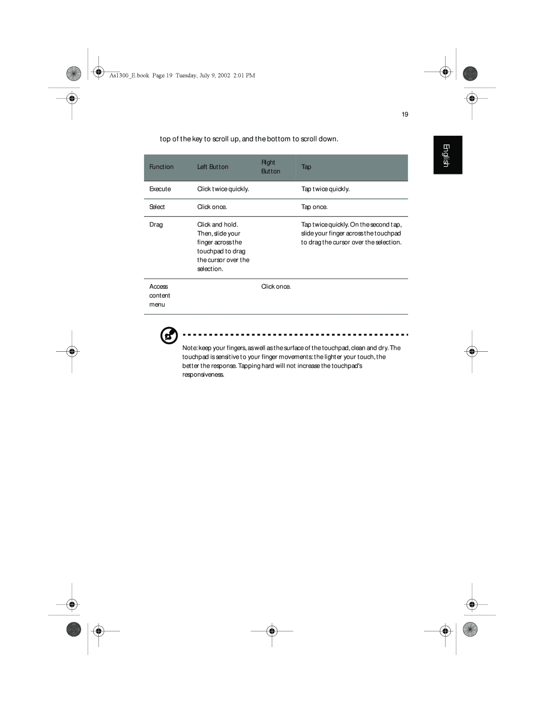 Acer 1300 Series, 1350 series manual Top of the key to scroll up, and the bottom to scroll down 