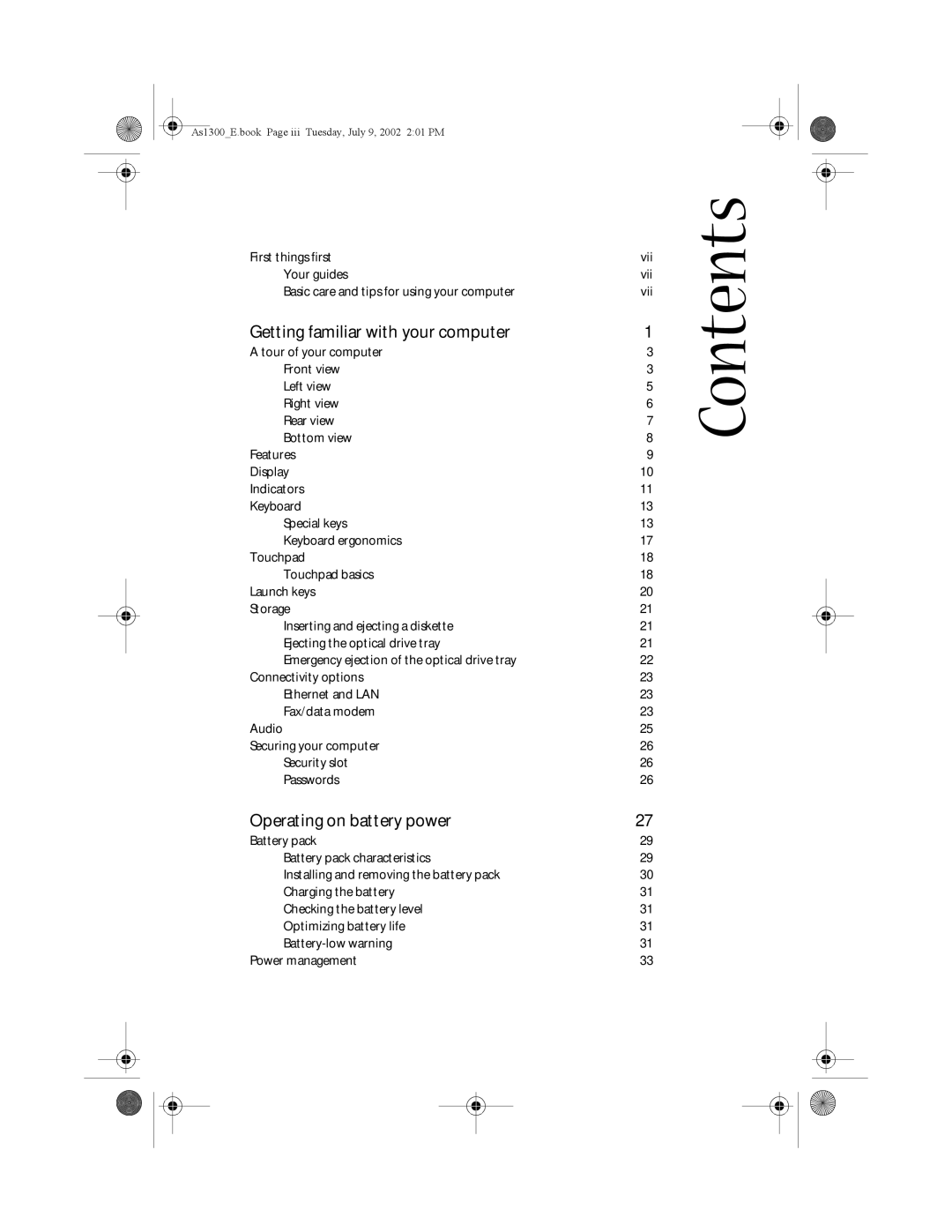 Acer 1300 Series, 1350 series manual Contents 