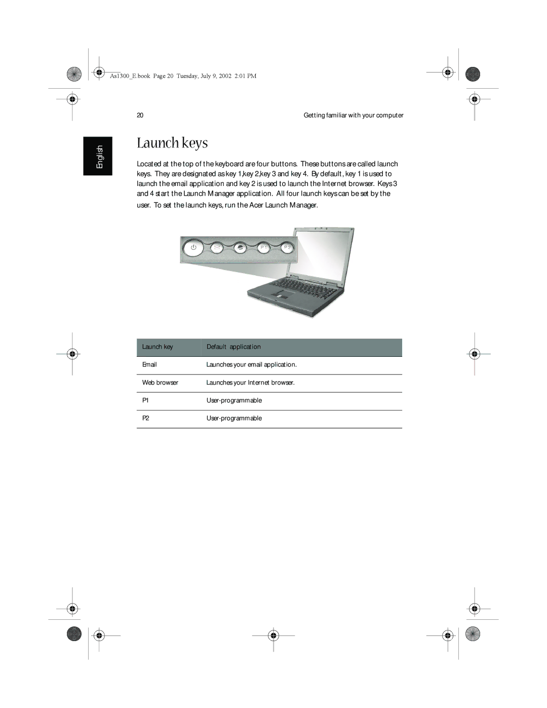 Acer 1350 series, 1300 Series manual Launch keys, User. To set the launch keys, run the Acer Launch Manager 