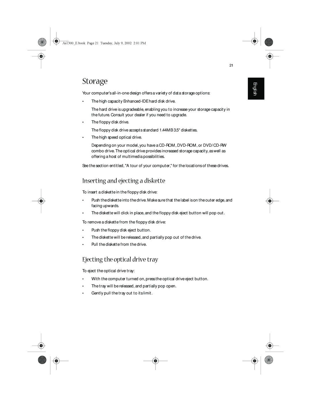 Acer 1300 Series, 1350 series manual Storage, Inserting and ejecting a diskette, Ejecting the optical drive tray 