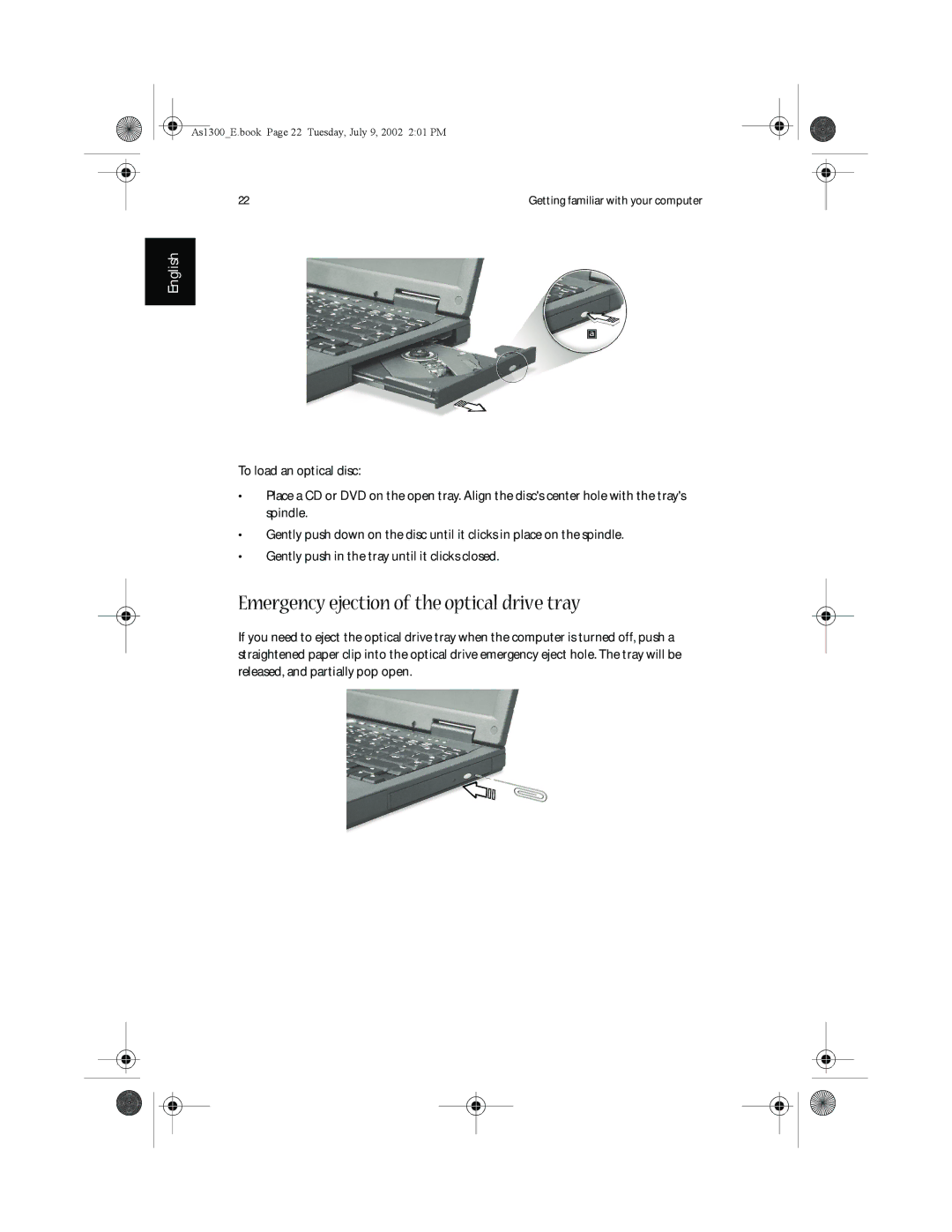 Acer 1350 series, 1300 Series manual Emergency ejection of the optical drive tray 