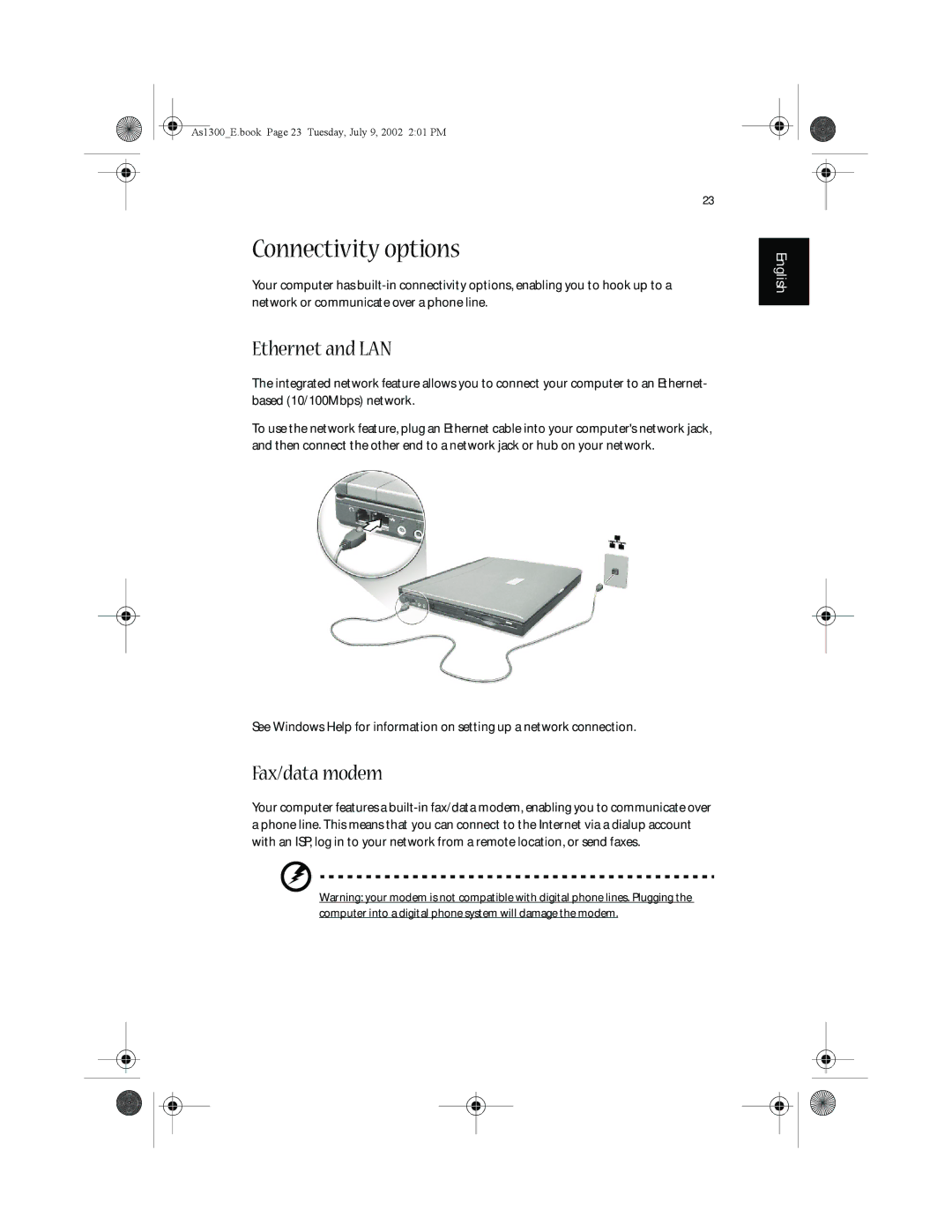 Acer 1300 Series, 1350 series manual Connectivity options, Ethernet and LAN, Fax/data modem 