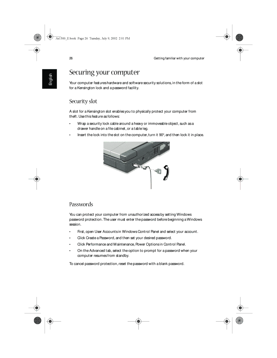 Acer 1350 series, 1300 Series manual Securing your computer, Security slot, Passwords 