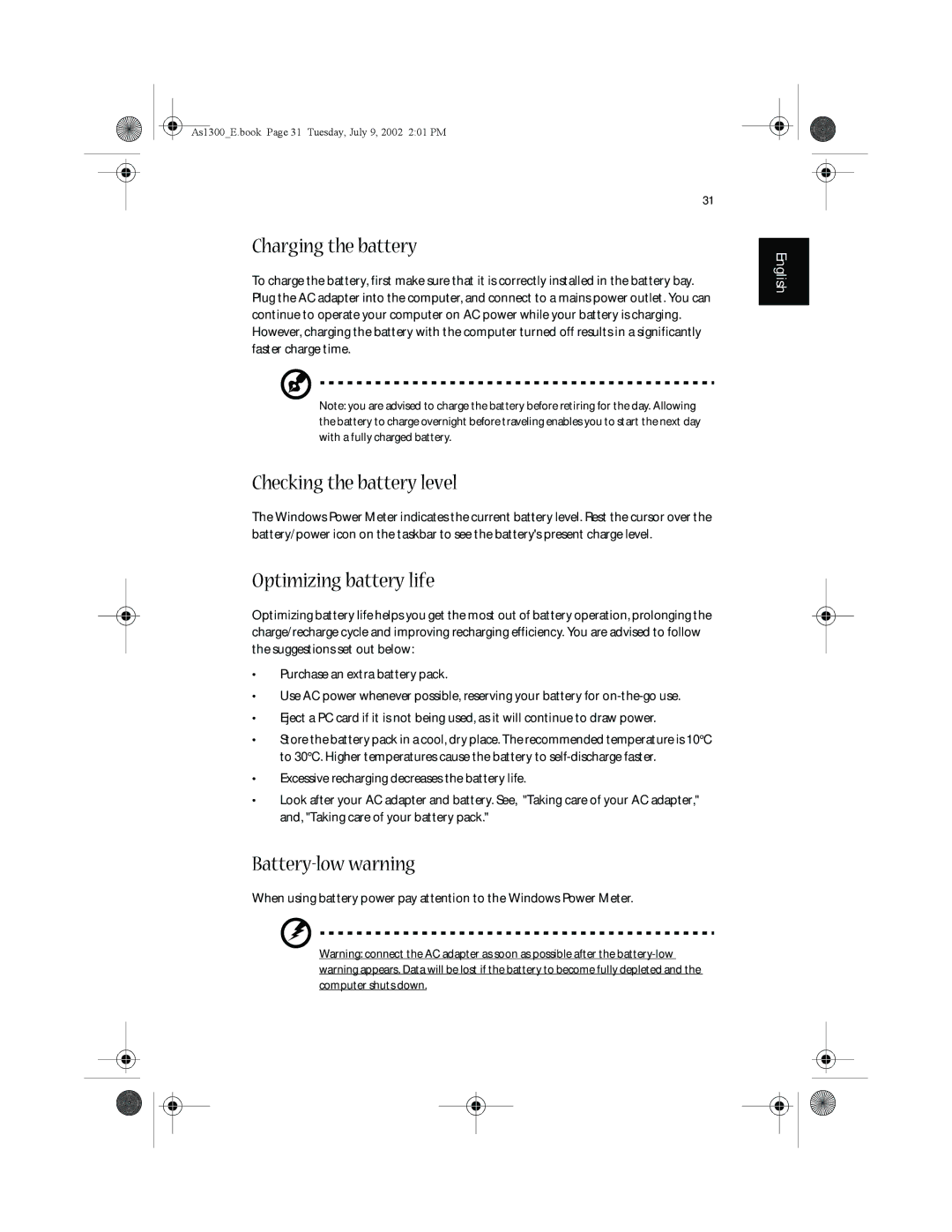 Acer 1300 Series manual Charging the battery, Checking the battery level, Optimizing battery life, Battery-low warning 