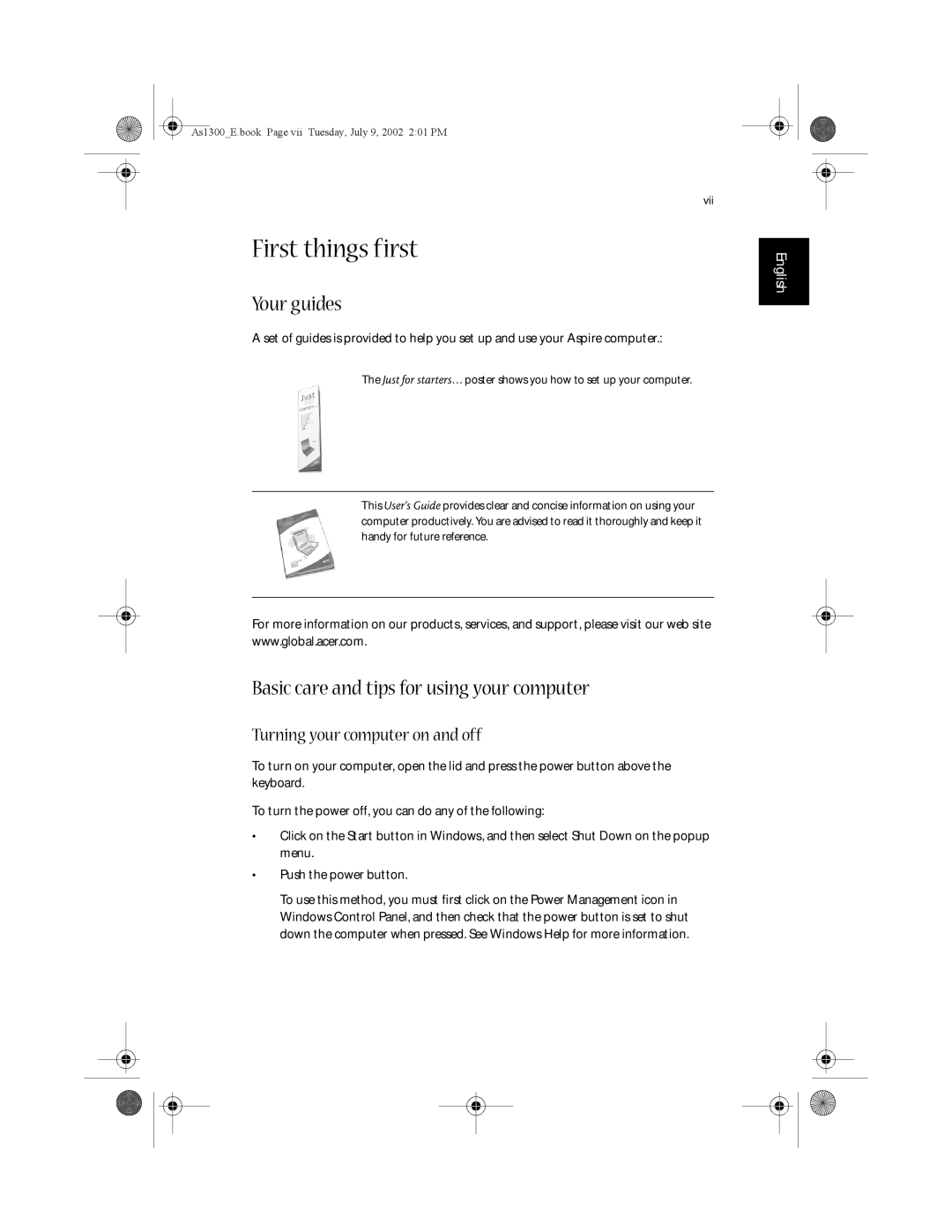 Acer 1300 Series, 1350 series manual First things first, Your guides, Basic care and tips for using your computer 