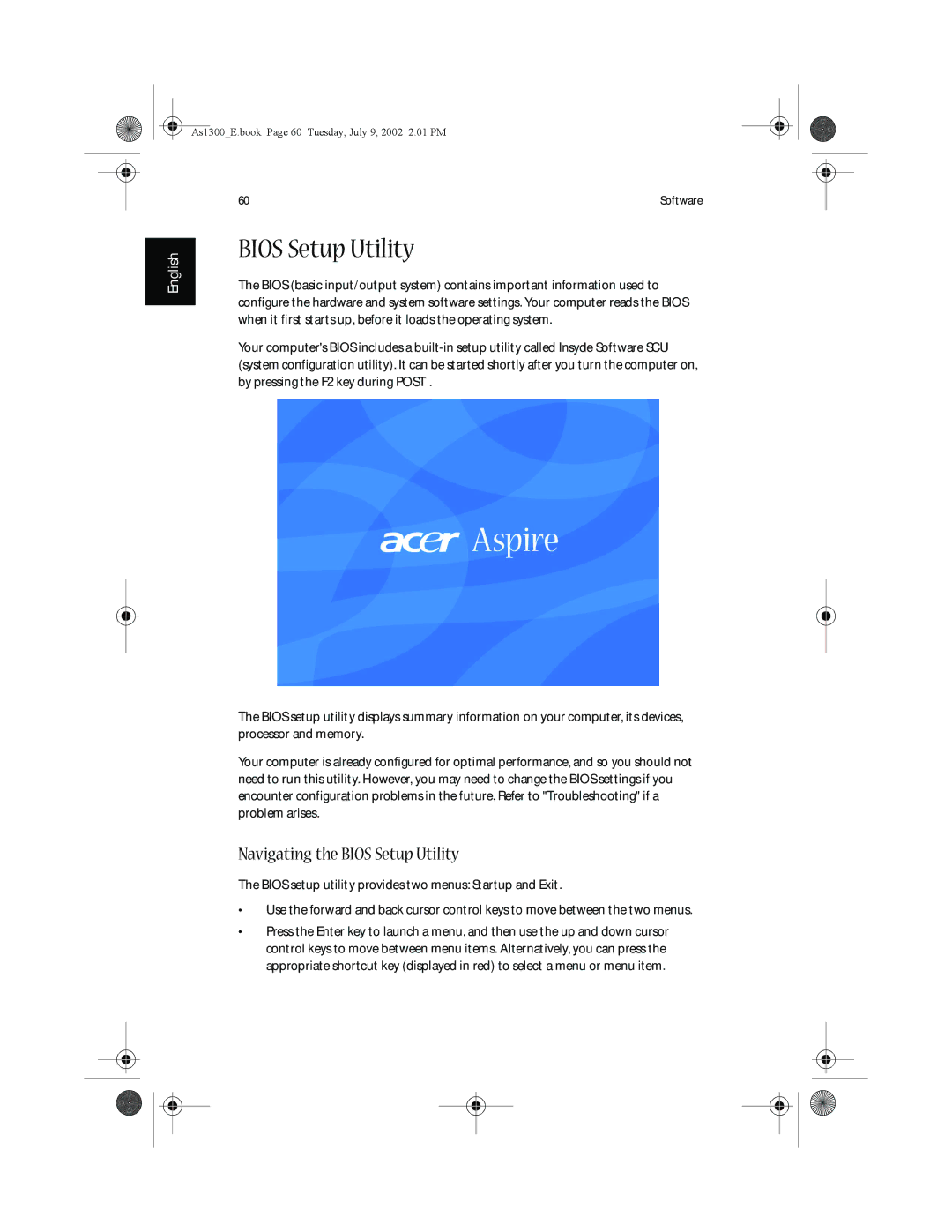 Acer 1350 series, 1300 Series manual Navigating the Bios Setup Utility 