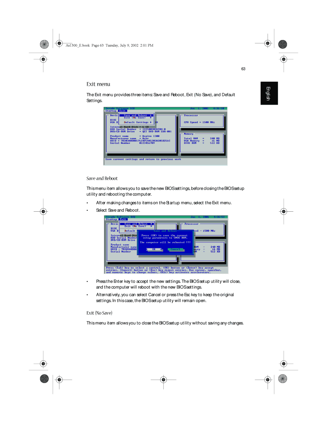 Acer 1300 Series, 1350 series manual Exit menu, Save and Reboot, Exit No Save 