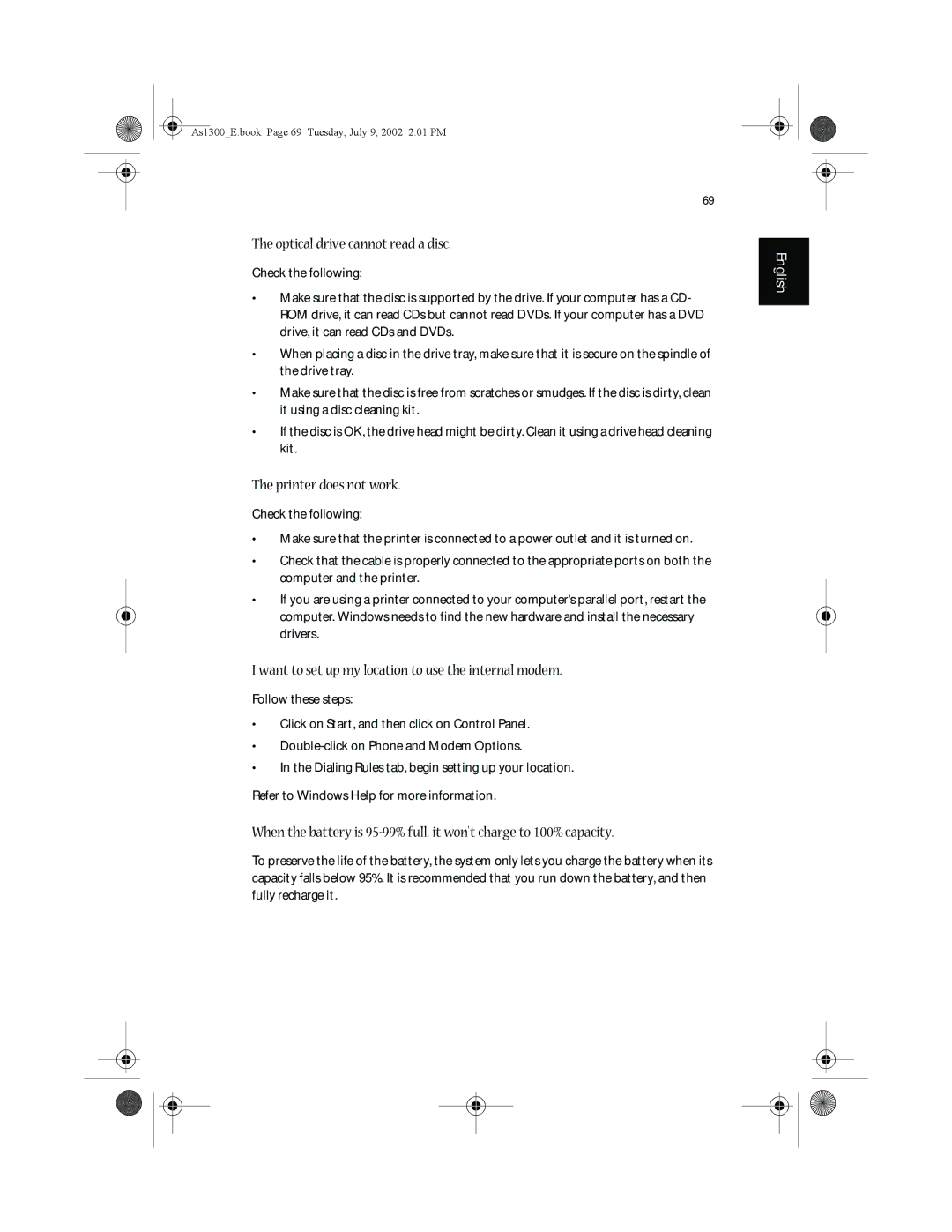 Acer 1300 Series, 1350 series manual Optical drive cannot read a disc, Printer does not work 