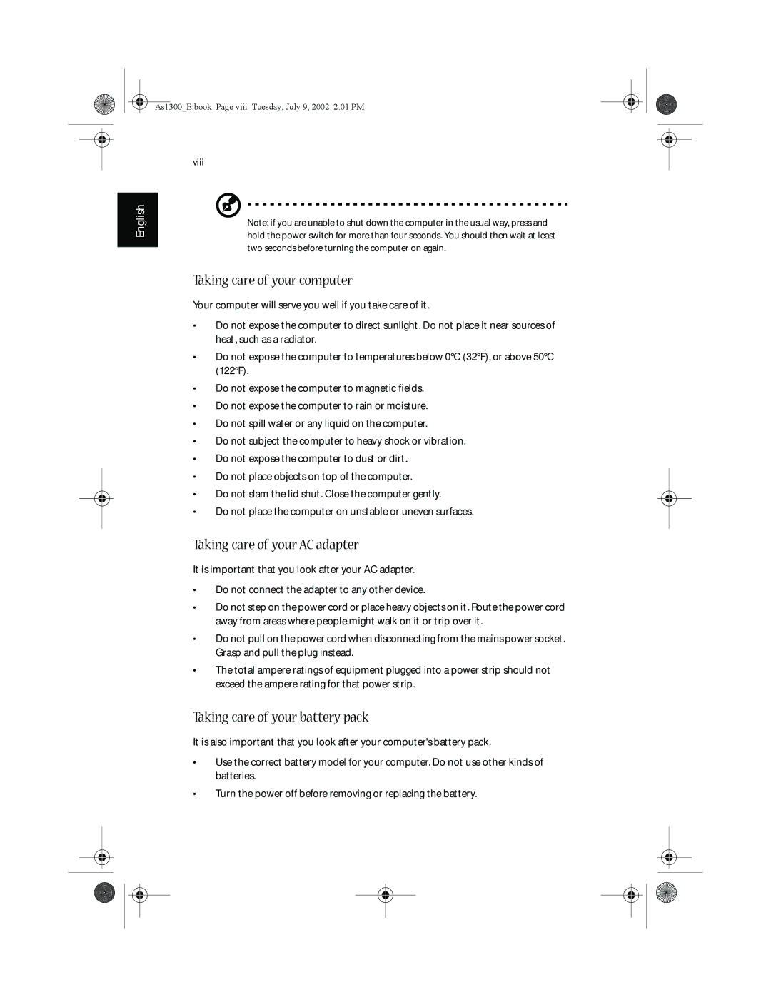 Acer 1350 series manual Taking care of your computer, Taking care of your AC adapter, Taking care of your battery pack 