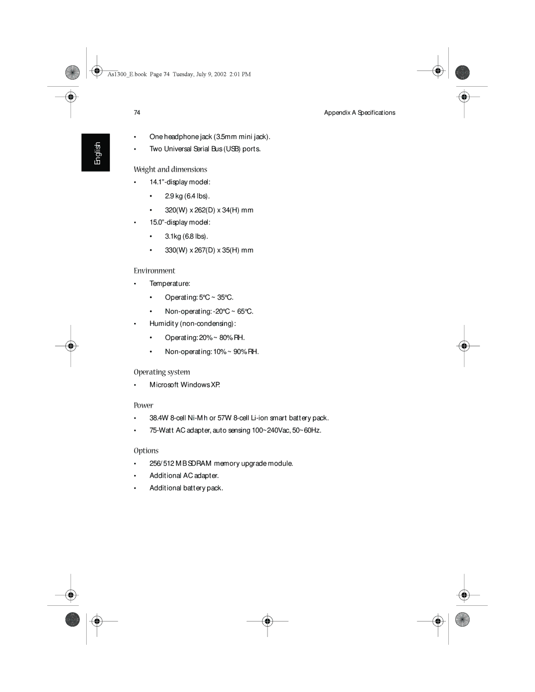 Acer 1350 series, 1300 Series manual Weight and dimensions, Environment, Operating system, Power, Options 