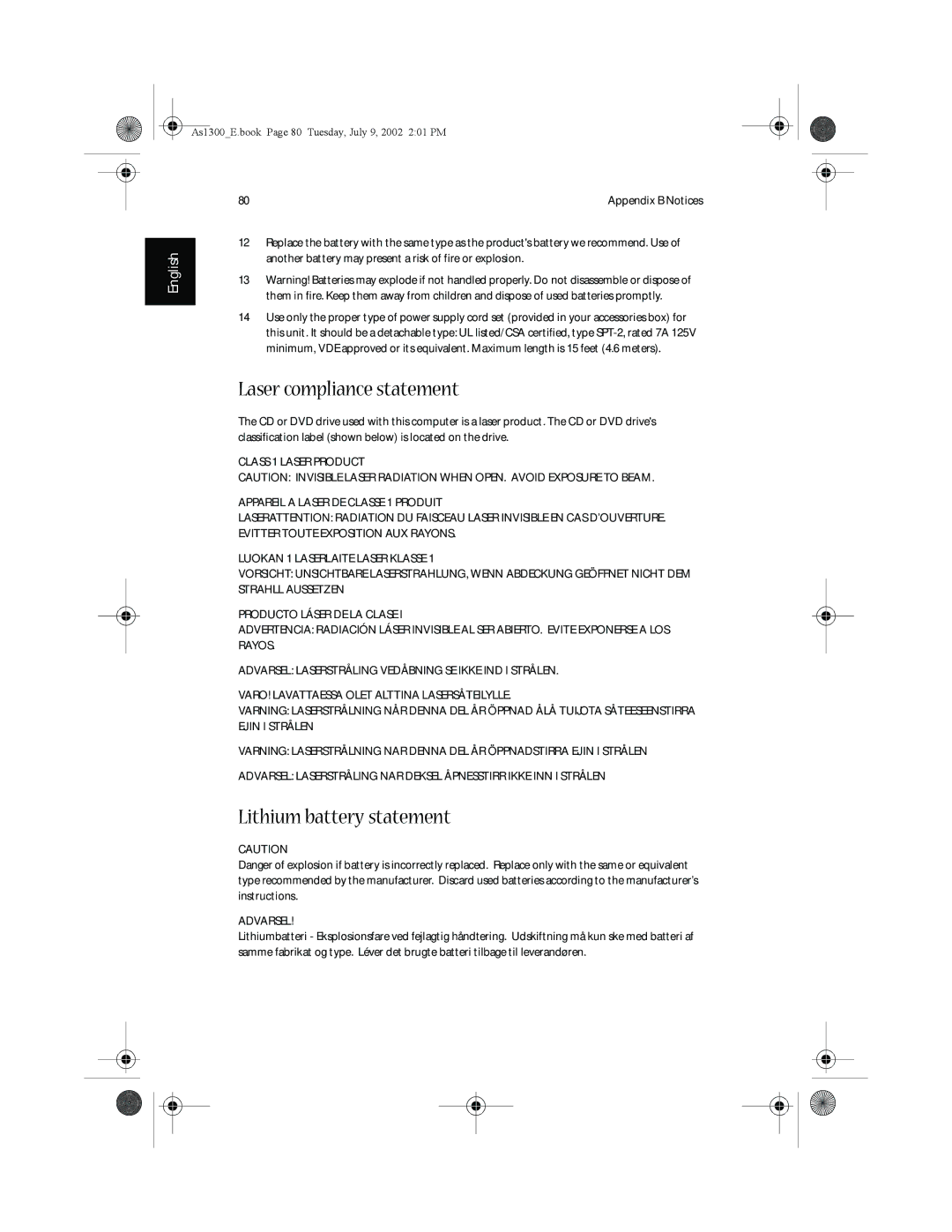 Acer 1350 series, 1300 Series manual Laser compliance statement, Lithium battery statement 