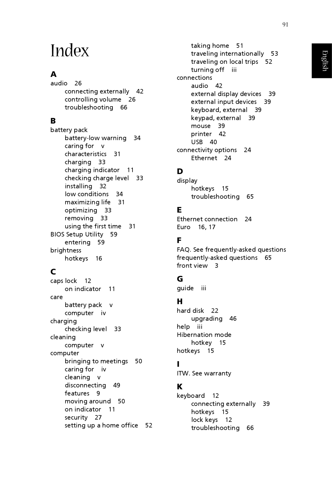 Acer 1360 manual Index 