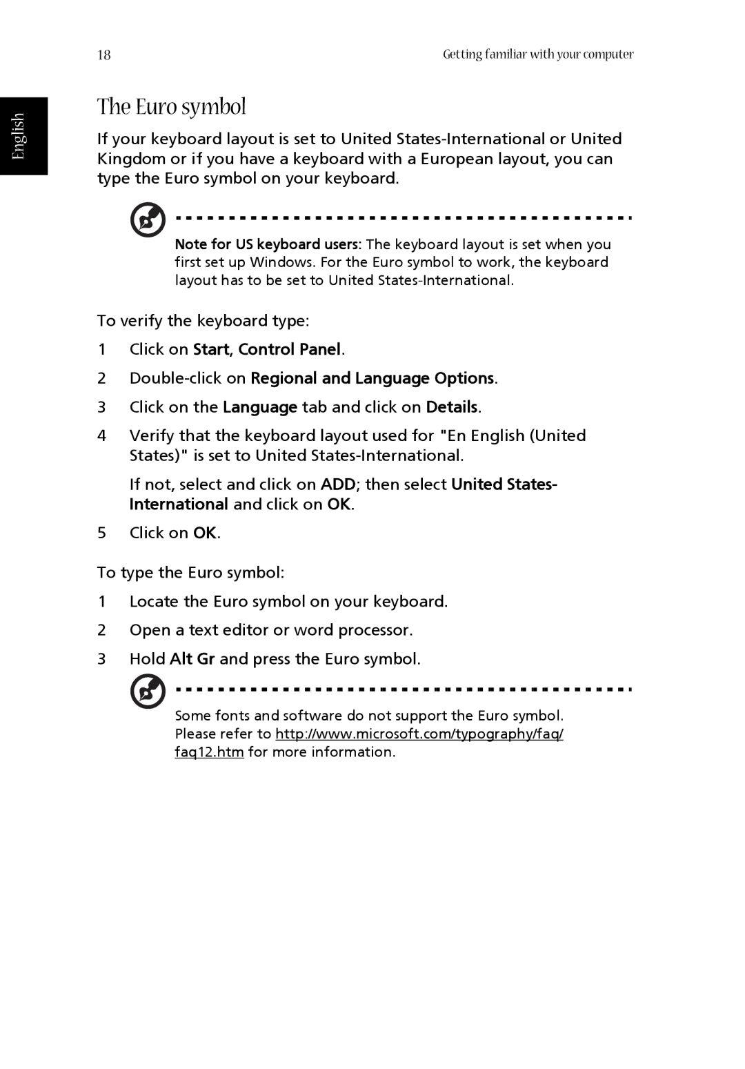 Acer 1360 manual Euro symbol 