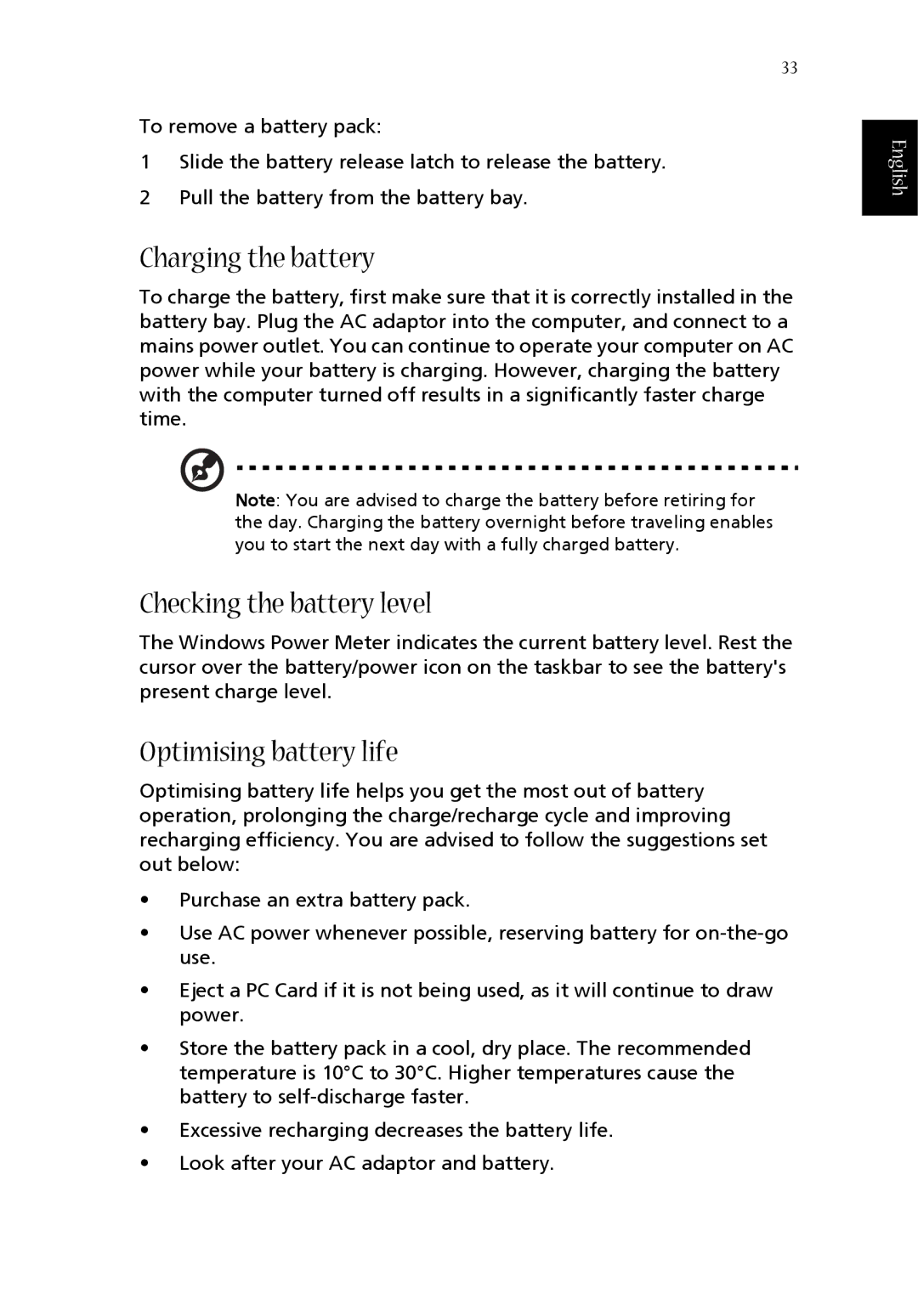 Acer 1360 manual Charging the battery, Checking the battery level, Optimising battery life 