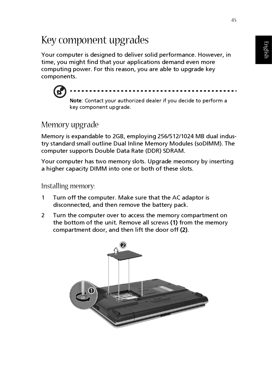 Acer 1360 manual Key component upgrades, Memory upgrade, Installing memory 