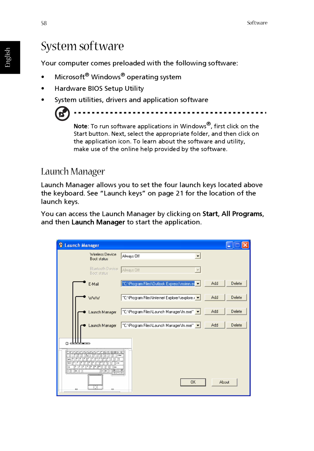 Acer 1360 manual System software, Launch Manager 