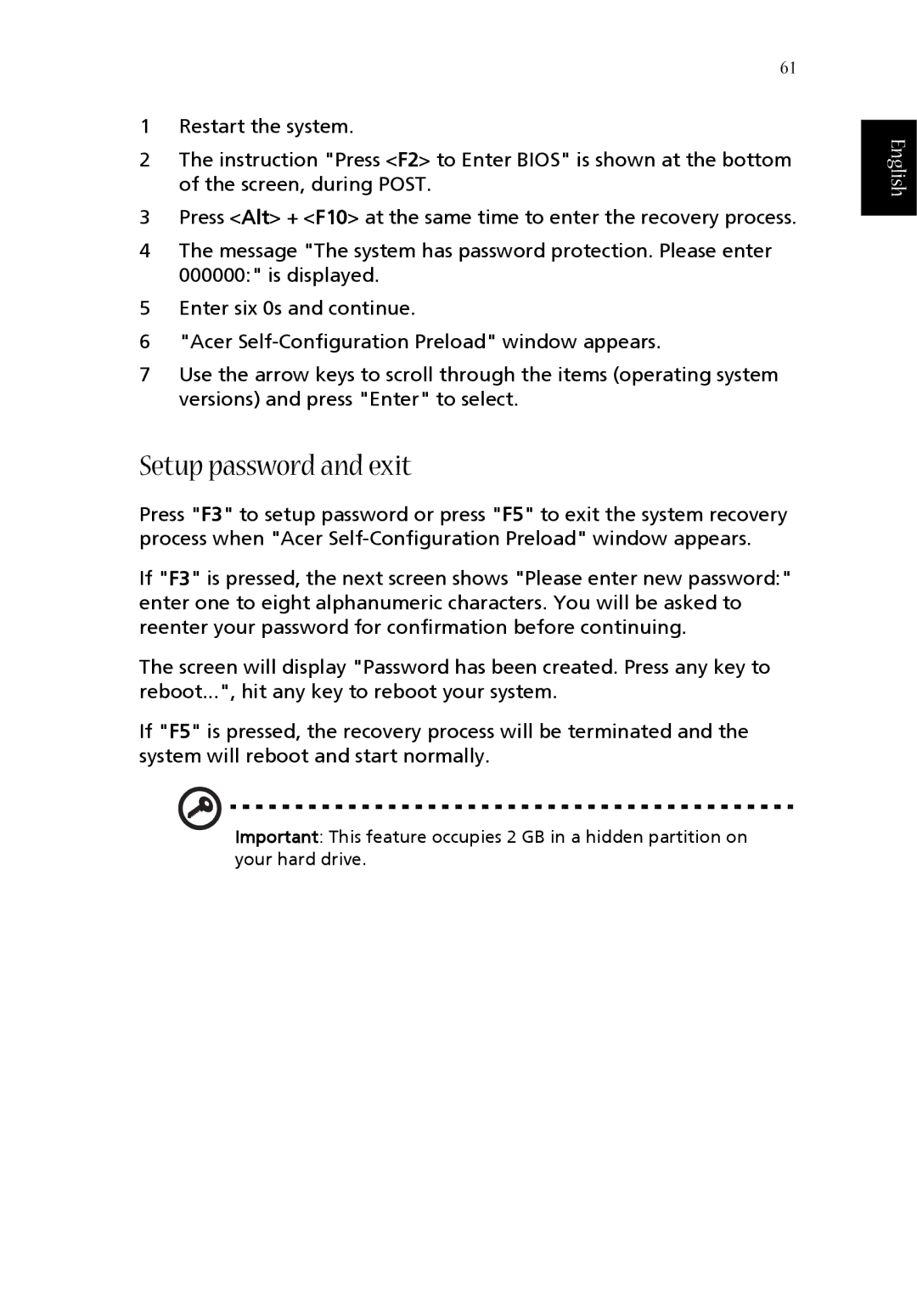 Acer 1360 manual Setup password and exit 