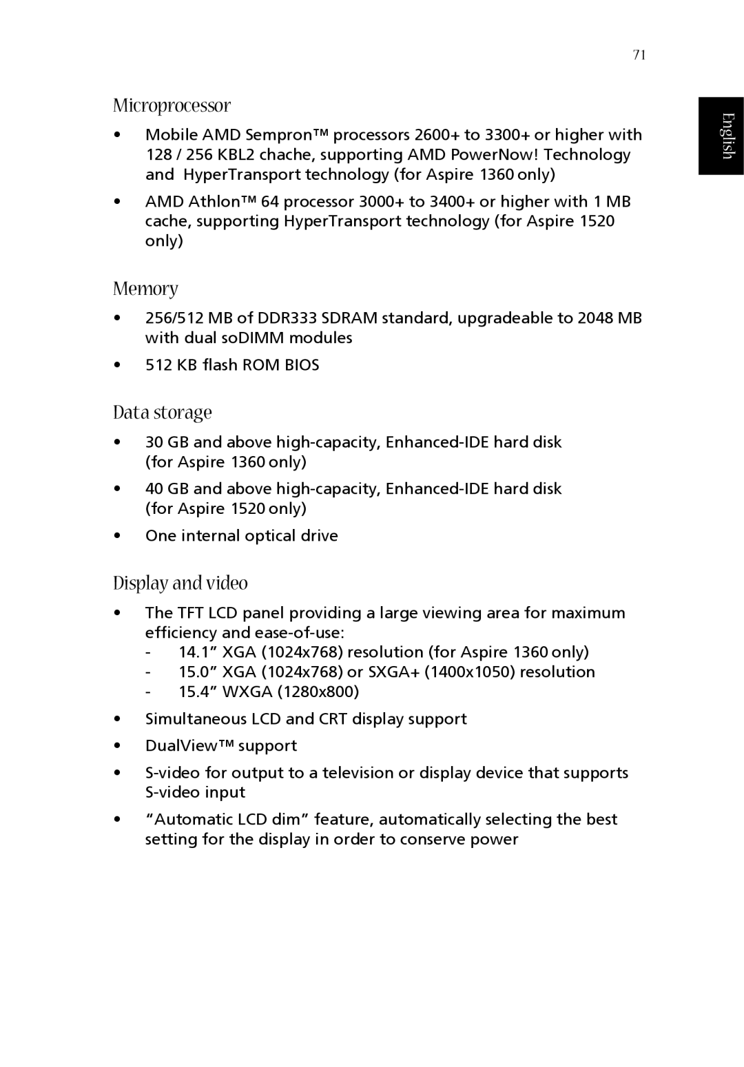 Acer 1360 manual Microprocessor, Memory, Data storage, Display and video 