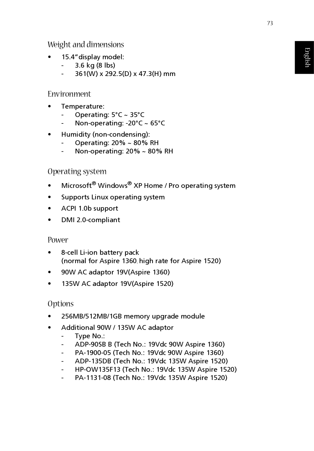 Acer 1360 manual Weight and dimensions, Environment, Operating system, Power, Options 